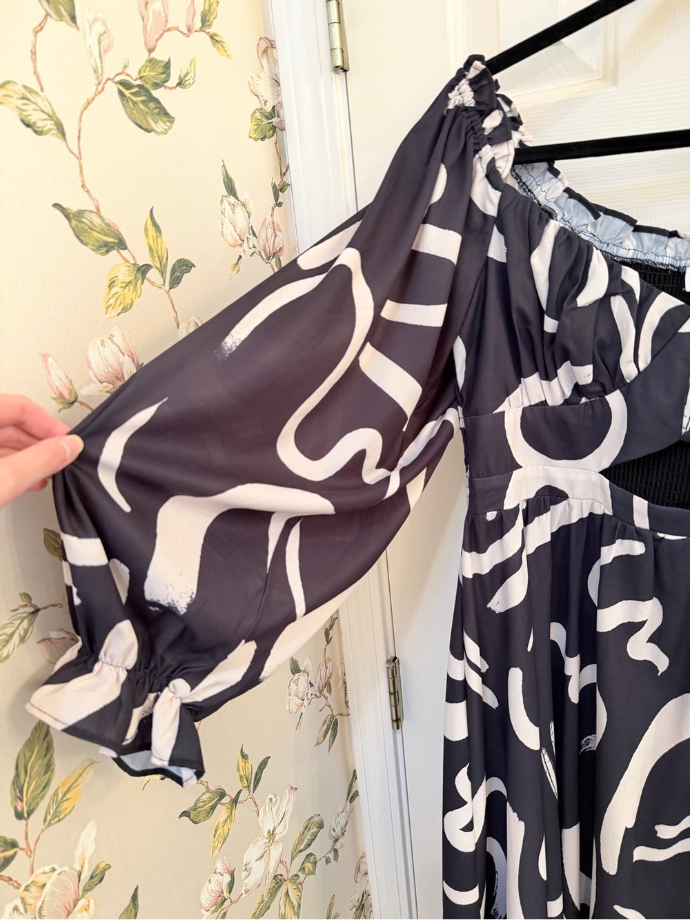 Off-Shoulder Black & White Patterned Maxi Dress with Side Slit - Picture 8 of 13